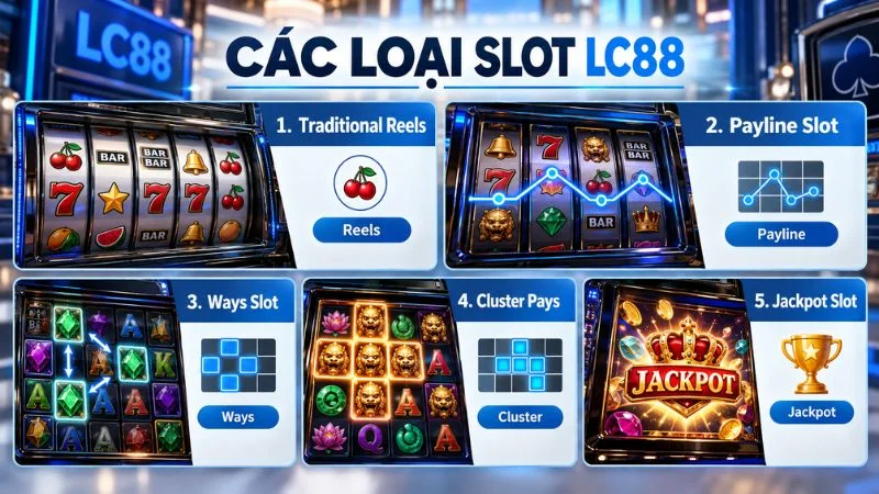 Các loại Slot LC88 gồm Payline Ways Cluster và Jackpot Slot