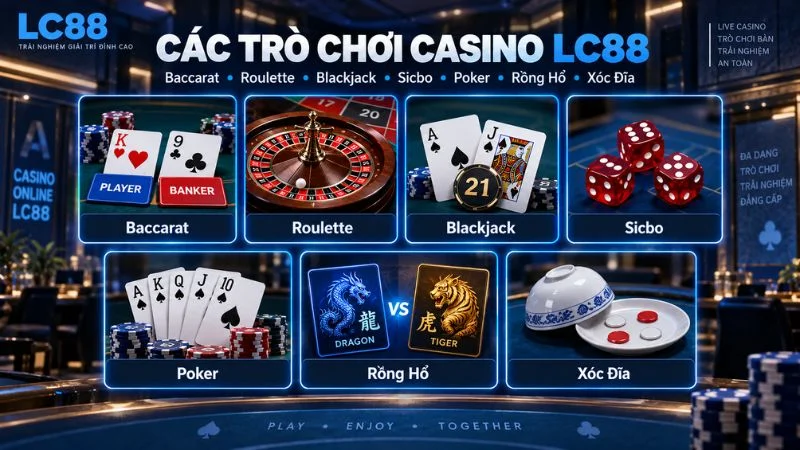 Các trò chơi Casino LC88 gồm Baccarat Roulette Blackjack Sicbo Poker Rồng Hổ và Xóc Đĩa