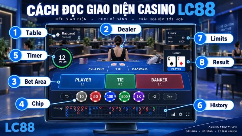 Cách đọc giao diện bàn Casino LC88 với dealer bet area chip timer history và
