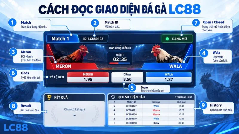 Cách đọc giao diện Đá Gà LC88 với Match ID Meron Wala Draw odds và trạng thái